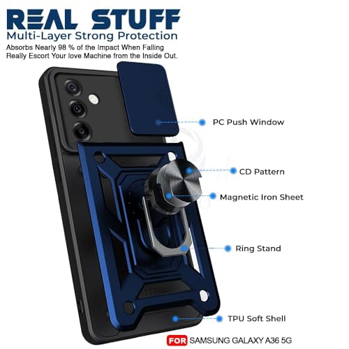 Image of Luxe Back Cover for Samsung Galaxy A36 5G | D10 Tough Armor Case | Sliding Camera Shield | 360 Protection | Kickstand Ring Holder | Military-Grade Shockproof Bumper Case