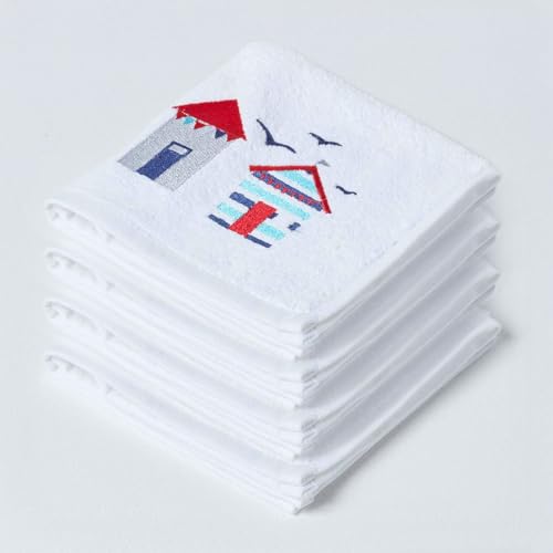 HOMESCAPES Set of 4 Beach Hut Embroidered Face Cloths Blue, Red & White Seaside Patterned Flannel 100% Cotton 550 GSM Super Absorbent Fluffy Holiday Beach Towel for Pool or Gym