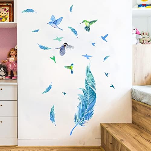 Blue Feathers Wall Decals Stickers, Removable Watercolor Hummingbird Feather Wall Stickers, DIY Mural Art Decor for Kids Girls Bedroom Nursery Classroom