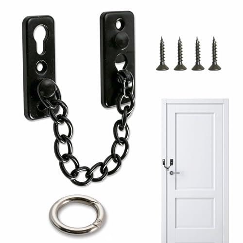 Cadena para Puertas, Cadena de Seguridad de Acero Inoxidable con Botón de Resorte, Tornillos y Hebillas, Cadenilla Antirrobo para Puerta Interiores y Ventanas, Hoteles, Viviendas de Alquiler, Negro