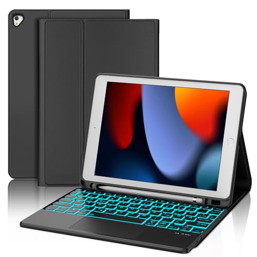 JADEMALL Für iPad 6. Generation Hülle mit Tastatur, Touchpad & 7-Farben Backlight, Abnehmbare Bluetooth Tastatur für iPad 5./6. Gen, Pro 9.7, Air 1 & 2, QWERTZ Deutsch – Schwarz