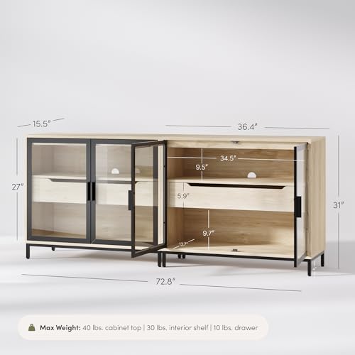 Nathan James Mackenna Metal and Glass Sideboard Accent Cabinet with Two Doors, Oak Credenza for Kitchen or Living Room Set of 2 by Nathan James - Image 4