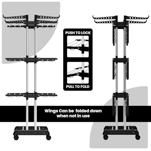 Image of TEKCOOL Foldable Cloth Drying Stand Stainless Steel - 3 Tier Heavy-Duty Clothes Dryer for Balcony, Indoor & Outdoor Use | with Wheels & Hanger Slots | Rust-Proof Laundry Rack (Black, 3 TIRE):;