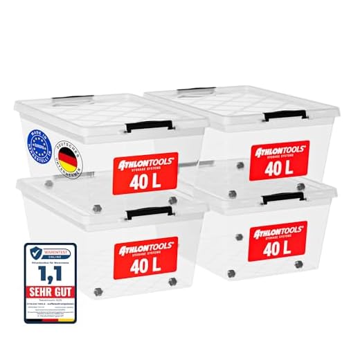ATHLON TOOLS 4x 40 L Aufbewahrungsboxen mit Deckel, lebensmittelecht - Verschlussclips - 100% Neumaterial Plastik-Box transparent - Kleiderboxen stapelbar…