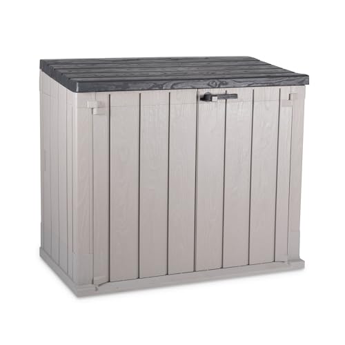 Toomax Storer Plus Baule da 842L portattrezzi da giardino 129,5x74,5x111h cm, effetto legno antracite/grigio tortora, porta bidoni spazzatura, con coperchio assistito, ideale per interni ed esterni