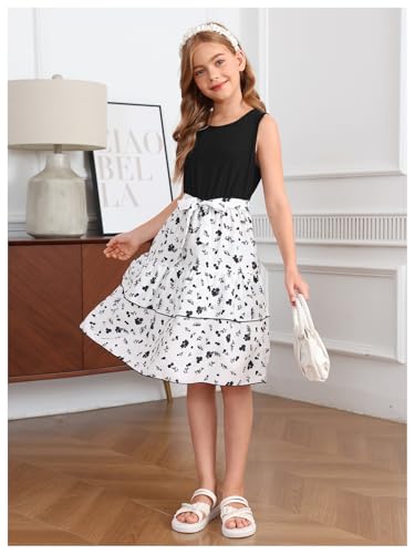 OYOANGLE Girl's Boho Floral Print Tank Dress Bow Belted Layered Ruffle Hem A Line Midi Dresses4