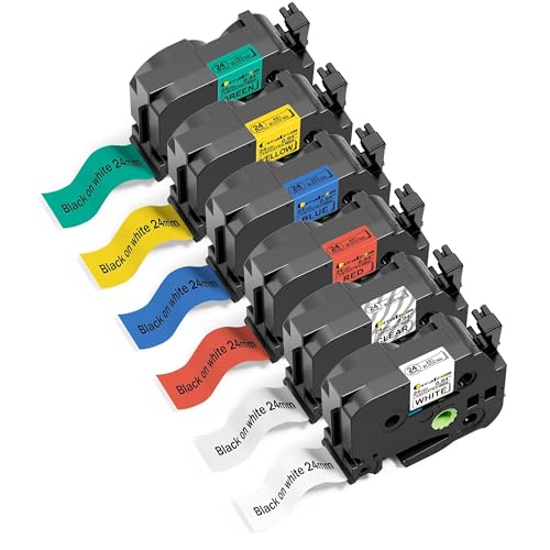 Replacement for Brother Label Maker Tape 1 Inch TZe TZ Tape, Compatible with PT-D610BT PT-D600 PT-D700 PT-P710BT, Black on White/Clear/Yellow/Red/Blue/Green, 6-Pack