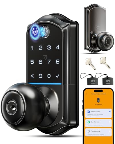 Veise VE018 Smart Knob Handle Lock - Fingerprint, App Control, Keyless Entry for Front Door and Bedroom, Electronic Digital Keypad, Auto Lock, Remote Access Sharing, IP55 Weatherproof, Matte Black