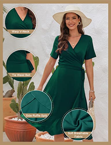Windmill Women V-Neck Wrap Dress Short Sleeve Tie Waist Midi Flowy Beach Summer Dresses(Green，M) #TOP4