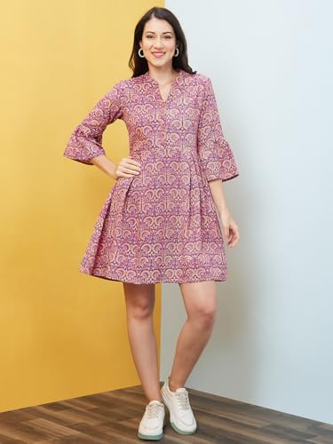 Image of Globus Women Red Allover Ethnic Motifs Print Mandarin Collar A-Line Dress-3640070001
