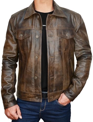 Veste de camionneur en cuir véritable pour homme - Col chemise, style cowboy occidental, veste en cuir de mode, marron vintage, L