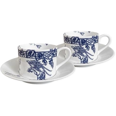 Caskata Chinoiserie Toile Cups and Saucers Set of 2 | Bone China Blue Teacups and Saucers for Entertaining or Everyday | Perfect for Wedding, Birthday, Christmas & Holiday Gifts | 6 oz Cover