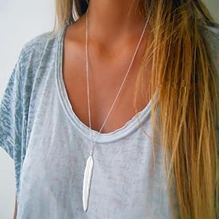 Inateannal Boho Silver Feather Necklace Dainty Long Leaf Pendant Necklace Chain Gypsy Y Necklace Jewelry for Women Girls