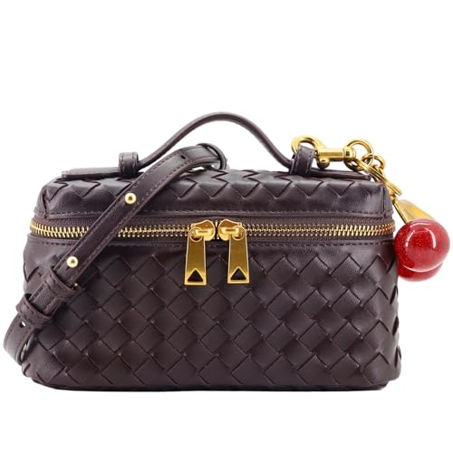 Image of Small Woven Box Crossbody Bags for Women Designer Leather Mini Top Handle Clutch Purse Square Vanity Bag with Cherry Charm
