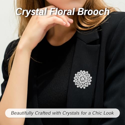 Image of NIIIYTYB Silver Brooches for Women Diamond Crystal Flower Leaf Brooch Pin Large Elegant Bridal Corsage for Dress Wedding Accessories Sparkling Crystal Brooches Stylish Pins for Special Occasions