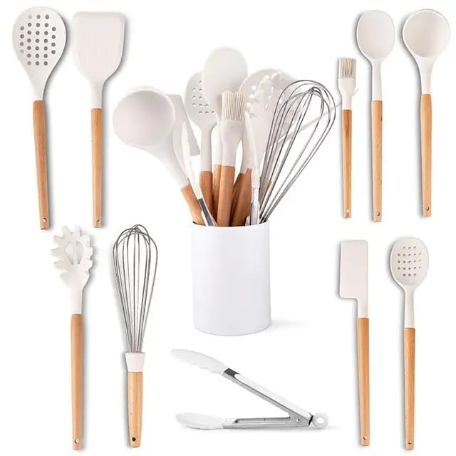 Image of Oren Empower Set of 10 Pcs Silicone Spatula with Wooden Handle for Cooking, Baking & Mixing /Non-Stick Bpa Free /Heat Resistant Item, Non Toxic Silicon Cookware Tools - White
