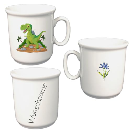Kindergeschirr personalisiert - Frühstücksservice 3-tlg. Porzellan Teller Becher Schale personalisierbar mit Wunschname Name Namen personalisiert (Dinosaurier)