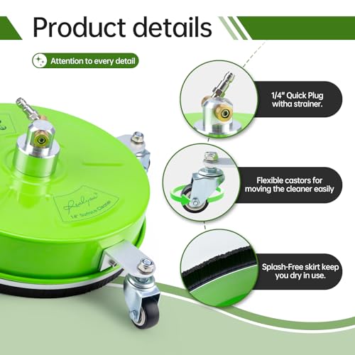 14" Pressure Washer Surface Cleaner with 4 Wheels, Stainless Steel Surface Cleaner for Pressure Wahser, Power Washer Surface Cleaner for Concrete, Patio, Sidewalk, Deck and Driveways-Green - Thumbnail 2