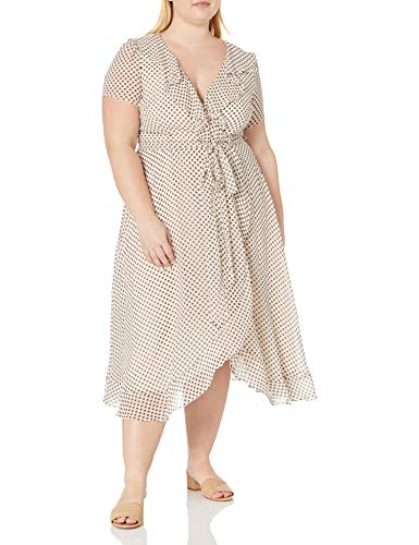 Gabby Skye Womens Plus Size Gabby Skye Short Sleeve V-Neck Ruffle Faux Wrap Midi Polka Dot Chiffon Dress, Cream/Chocolate, 22-23 Plus #TOP6