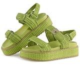 VARECOLA Green Women’s Platform Sandals, Raffia Comfortable Chunky Flat Woven Sandals Open Toe Shoes for Summer Beach
