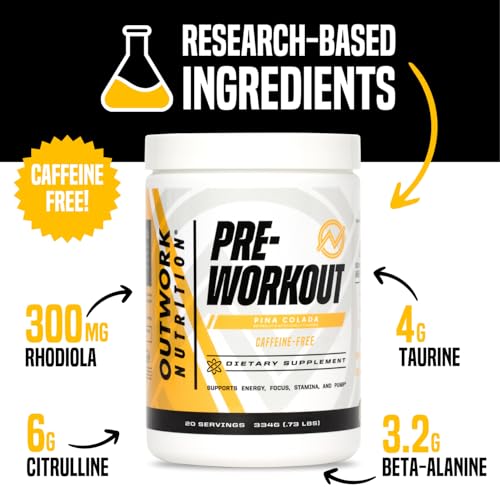 Image of Outwork Nutrition Non-Stim Pre Workout Powder - Citrulline Malate, Beta-Alanine, Rhodiola Extract for Performance, Focus & Energy Boost - Preworkout for Men, Women (Caffeine Free, Pina Colada)