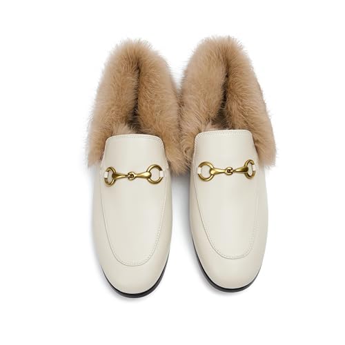 Image of Vertundy White Loafers Beige Fur Loafers for Women Low Heel Flats Loafers