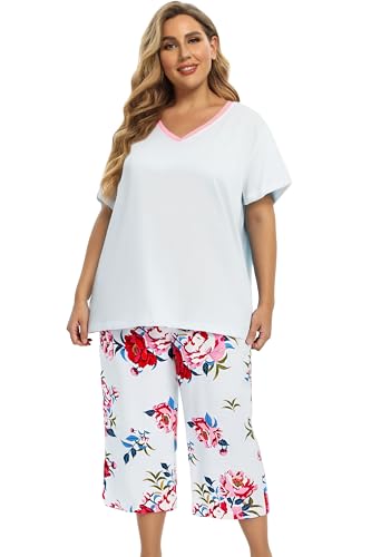 Image of Vozanet Women's Pajamas Set Soft V Neck Sleepwear Top and Capri Pj Lounge Sets Cartoon Heart Shape Cat Nighty Plus Size