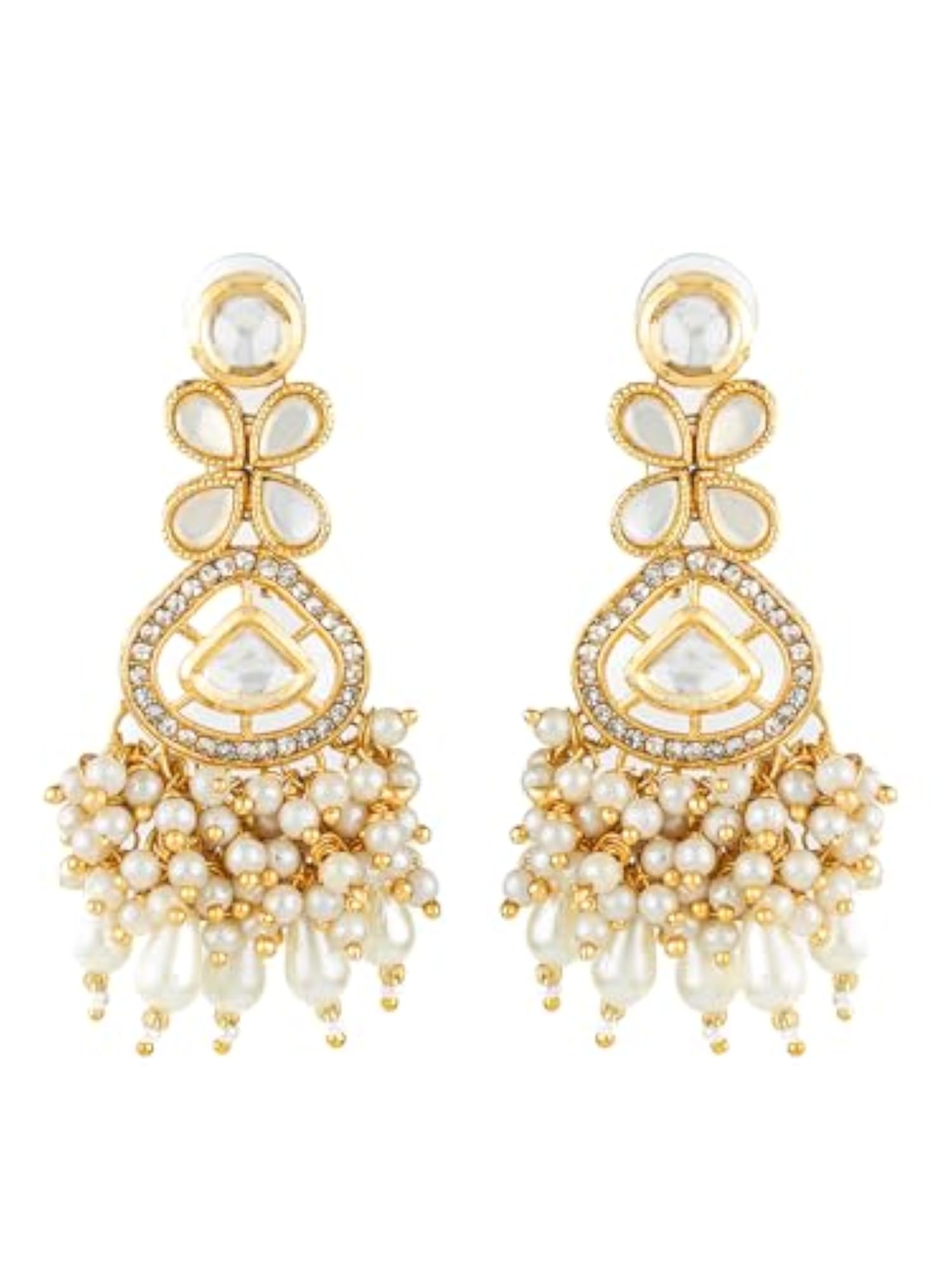 Gold Plated Kundan Earrings with Pearl Drops