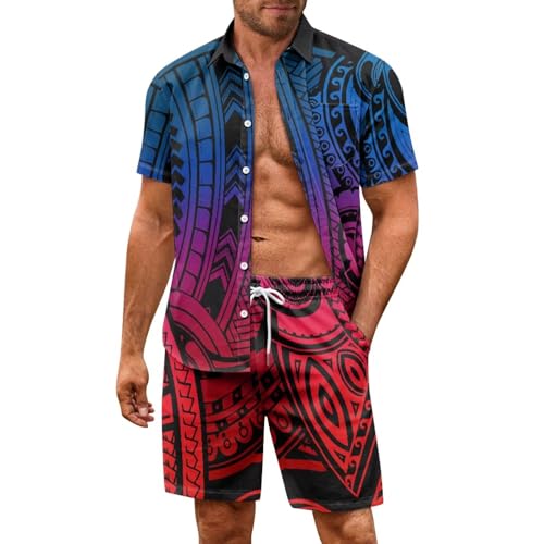Puletasi Samoa Men's Hawaiian Matching Set Short Sleeve Shirt and Shorts Set Beach Tropical Vacation Outfits Sets