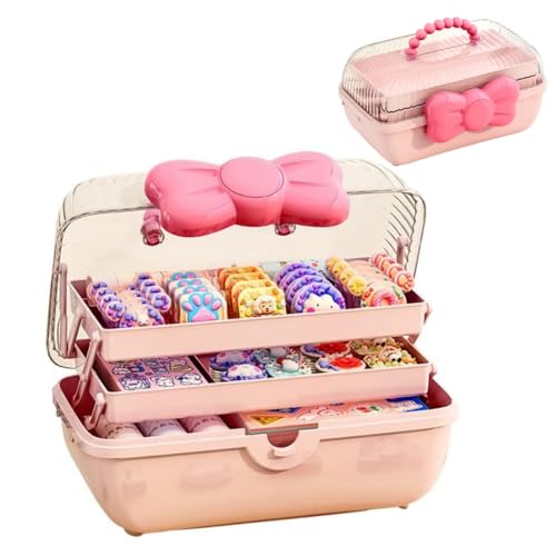 Gujuja Cute Girls Hair Accessories Organizer with Lid Three-Layer Folding High-Capacity Jewelry Box Multifunctional Bow Box for Girls Hair Bows