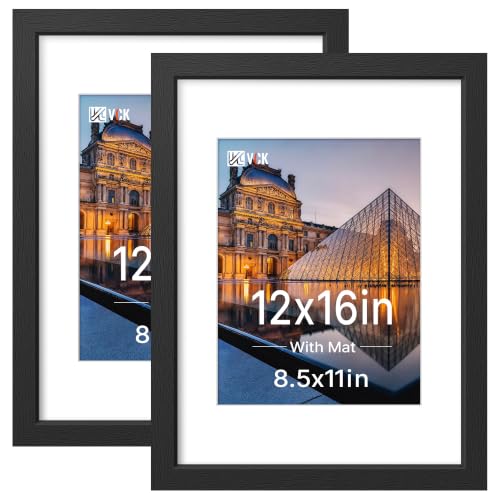 Image of VCK 12x16 Picture Frame with Real Glass, Black Wood, 8.5x11 Mat, 2 Pack