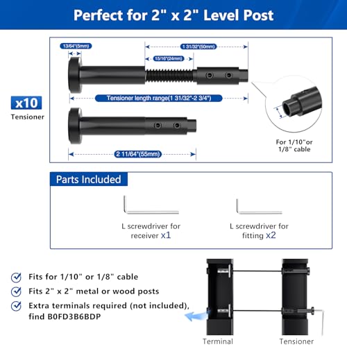 Image of 10 Pack Swageless Invisible Cable Railing Hardware, 2 inch No-Crimp Reusable T316 Stainless Steel Tensioner Terminal for 1 /8 inch & 1 /10 inch Black Cable, 2 inchx2 inch Metal Level Post & T-Drilled Corner Post
