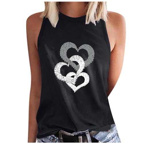 Camiseta sin mangas para mujer, con estampado de corazón, sin mangas, con cuello redondo, camiseta básica, corte ajustado, camiseta de tirantes para mujer, camisetas de verano, tallas S-XXL, Negro ,