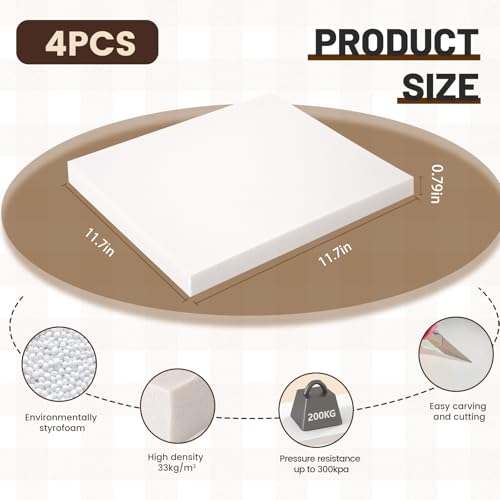 High Density XPS Foam Board,4 Pack 11.7x11.7x0.79in Polystyrene Craft Foam Sheets, Rigid and Easy to Shape,DIY Modeling Art Projects, Party Decoration, Cosplay Prop Production, Carve,Heat Insulation
