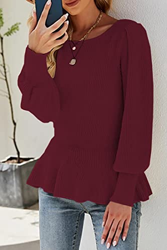 Image of Womens Fall Puff Sleeve Peplum Casual Slim Fit Knit Pullover Sweater Jumper Tops