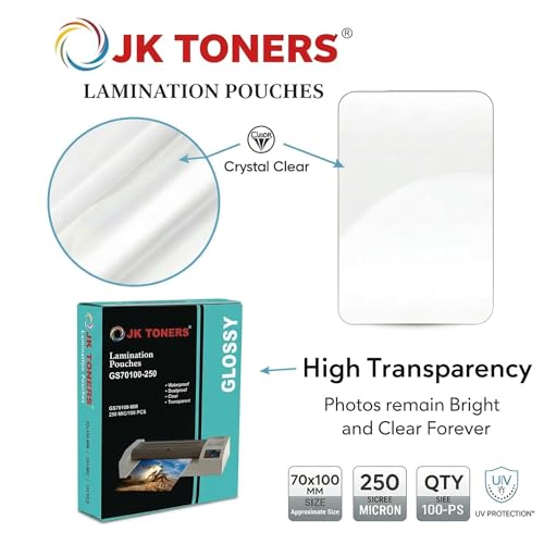 Image of JK Toners 70mmx100mm 100 Laminating Pouches | Premium Quality, Clear Glossy Finish, Waterproof | Perfect for Document & Certificate Protection (Pack of 2) (70mmx100mm (250 Micron))