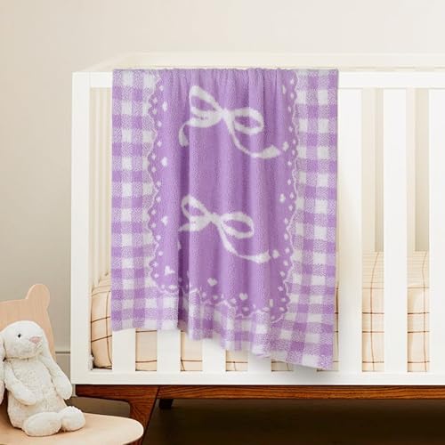 Image of Purple Bow Baby Blanket - Knitted Throw with Elegant Bow Accent for Baby Girls, Nursery Bedding & Shower Presents - Soft & Cozy, 30x40 Inch