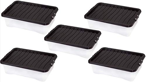5 PACK - 32L UNDERBED STORAGE BOXES WITH BLACK LID - ORGANISING SCHOOL HOME OFFICE - MADE IN UK