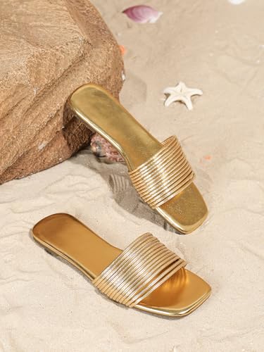 Verdusa Women's Summer Beach Sandals Square Toe Strappy Flat Sandals Slip On Metallic Sandal3
