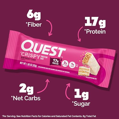 Image of Quest Nutrition Crispy Birthday Cake Protein Bar, 17g Protein, 1g Sugar, 2g Net Carbs, Gluten Free Protein Snack, Keto Friendly, 4 Count