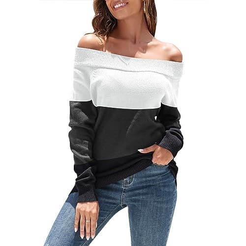 Pink Queen Women's 2024 Fall Sweater Oversized Long Sleeve Off The Shoulder Sweaters Color Block Knit Pullover Jumper Tops Large Grey