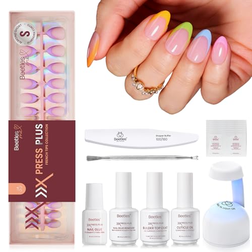 Image of Beetles X Press Summer Nails Kit: Short Almond French Tip Press On Nails Kit With 7 Colors 224Pcs Rainbow Nail Tips Nail Glue & Builder Top Coat Mini UV Light, All-in-One DIY Gift For Women 16 Sizes