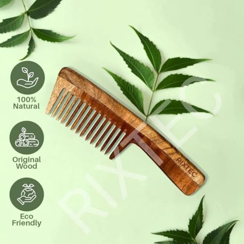 Image of PACK OF 02 Neem Comb, Wooden Comb | Hair Growth, Hairfall, Dandruff Control | Hair Straightening, Frizz Control | Comb for unisex Kacchi, Shine Suited For All Hair Types (Wide Tooth)