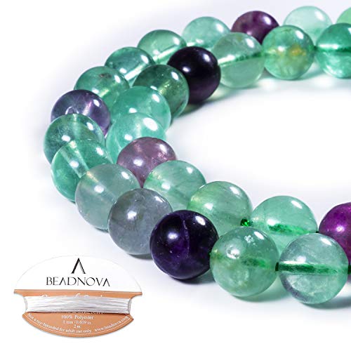 Image of BEADNOVA Fluorite Beads Natural Crystal Beads Stone Gemstone Round Loose Energy Healing with Crystal Stretch Cord for Jewelry Making (10mm, 37-38pcs)