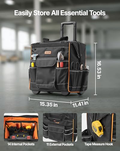 Image of VEVOR 15 inch Rolling Tool Bag, 110 lbs Load Capacity, 25 Pockets Heavy Duty Roller Tool Bag on Wheels, Adjustable Telescoping Handle & Stable Base, Toolbag Organizers w /Wheels for Construction, Mechanic
