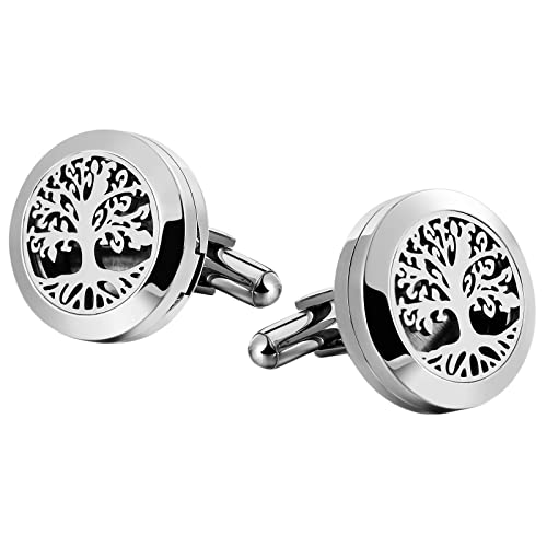 Homxi Chemise Homme Blanche avec Bouton de Manchette,Arbre de la Vie Rond Boutons de Manchette Homme Acier Inoxydable Boutons de Manchette pour Homme Argent Cover