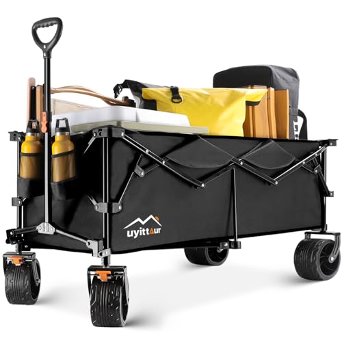 Large Collapsible Extended Wagon Cart 300L, 440lbs Weight Capacity Heavy Duty Foldable Wagon with Big All-Terrain Beach Wheels, Utility Sports Folding Wagon for Camping Outdoor Activities