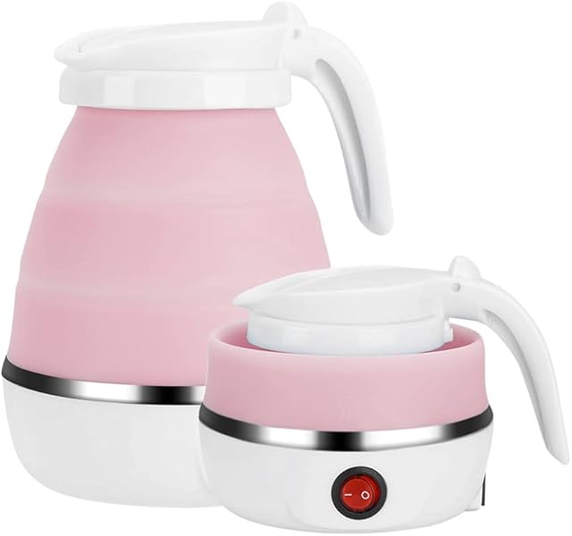 Swetup Foldable Kettle, Portable Foldable Electric Kettle Food Grade Silicone Boil Dry Protection Electric Kettle with Separable Power Cord Ideal for Hiking Camping and Indoor, 0.6L , UK Plug, Pink