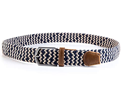 Weifert Men's Stretch Woven 1.3" Wide Elastic Braided Belts (38-40,Khaki+Blue) #TOP3