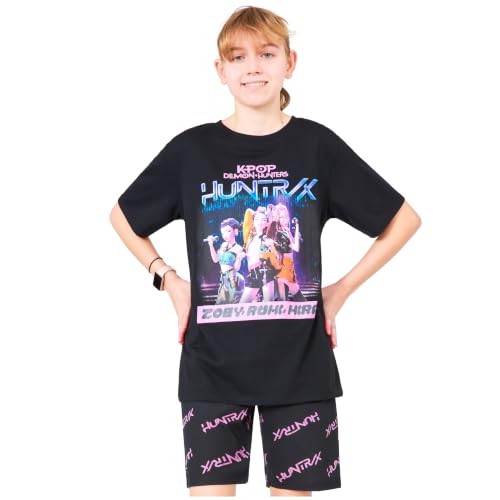 KPop Demon Hunters Huntrix Schlafanzug Mädchen 116-164cm 2-Teilig Sommer Pyjama Set mit Kurzarm T-Shirt und Schlafanzug Kurz Geschenke für Mädchen (164 Schwarz Huntrix)